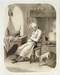 Luiheid in de keuken, uit een serie prenten die de Zeven Hoofdzonden uitbeelden, c.1850